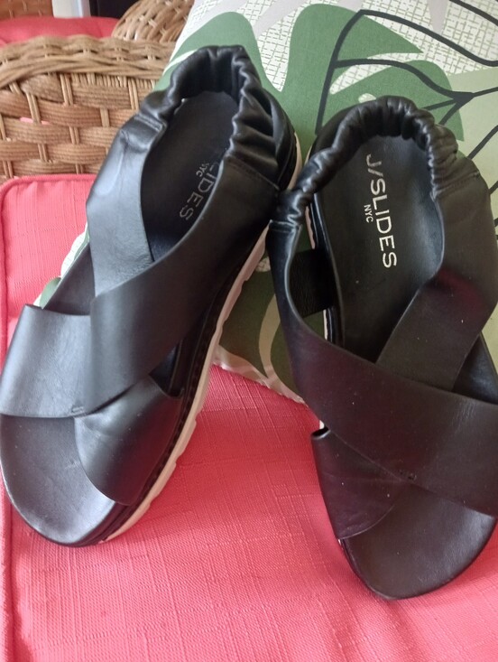 J Slides Shoes - JSlides Nyc Resa Black Leather Criss Cross Platform Sandal Size 6.5